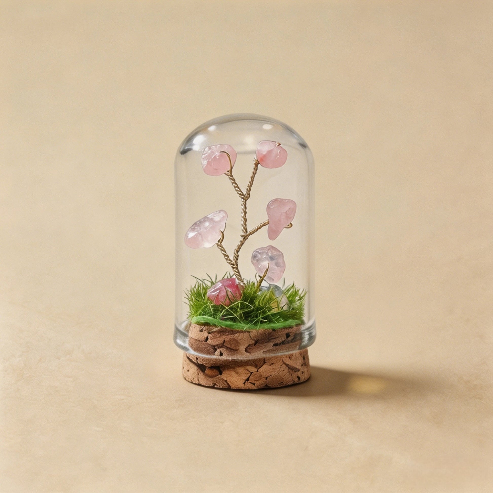 Natural rose quartz crystal tree mini terrarium, feng shui decoration