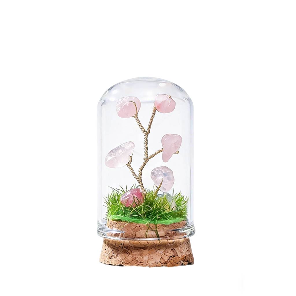 Natural rose quartz crystal tree mini terrarium, feng shui decoration