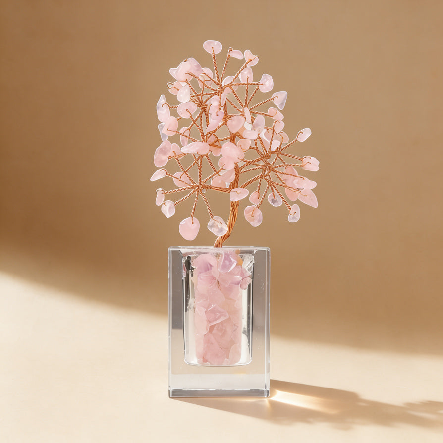 Natural rose quartz crystal tree clear glass base, feng shui decoration