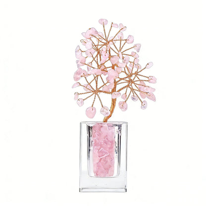 Natural rose quartz crystal tree clear glass base, feng shui decoration