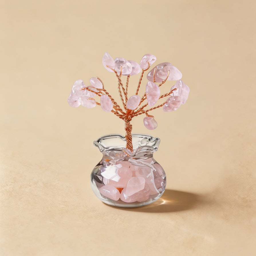 Natural rose quartz crystal tree mini treasure bowl, feng shui decoration