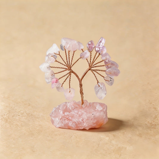 Natural rose quartz crystal tree mini raw stone base, feng shui decoration