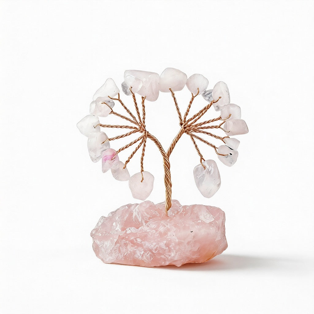 Natural rose quartz crystal tree mini raw stone base, feng shui decoration