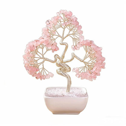 Natural rose quartz crystal tree with ceramic base, feng shui decoration