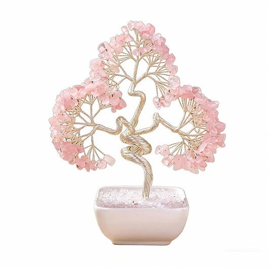 Natural rose quartz crystal tree with ceramic base, feng shui decoration