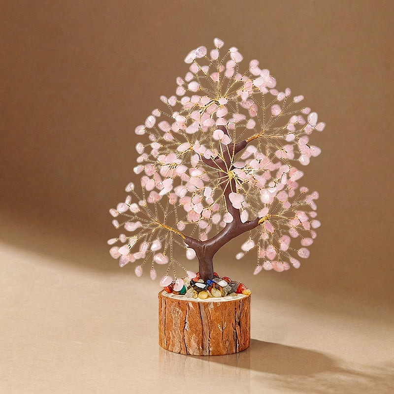 Natural rose quartz crystal tree with wood stump base, feng shui decoration