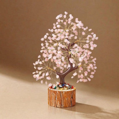 Natural rose quartz crystal tree with wood stump base, feng shui decoration