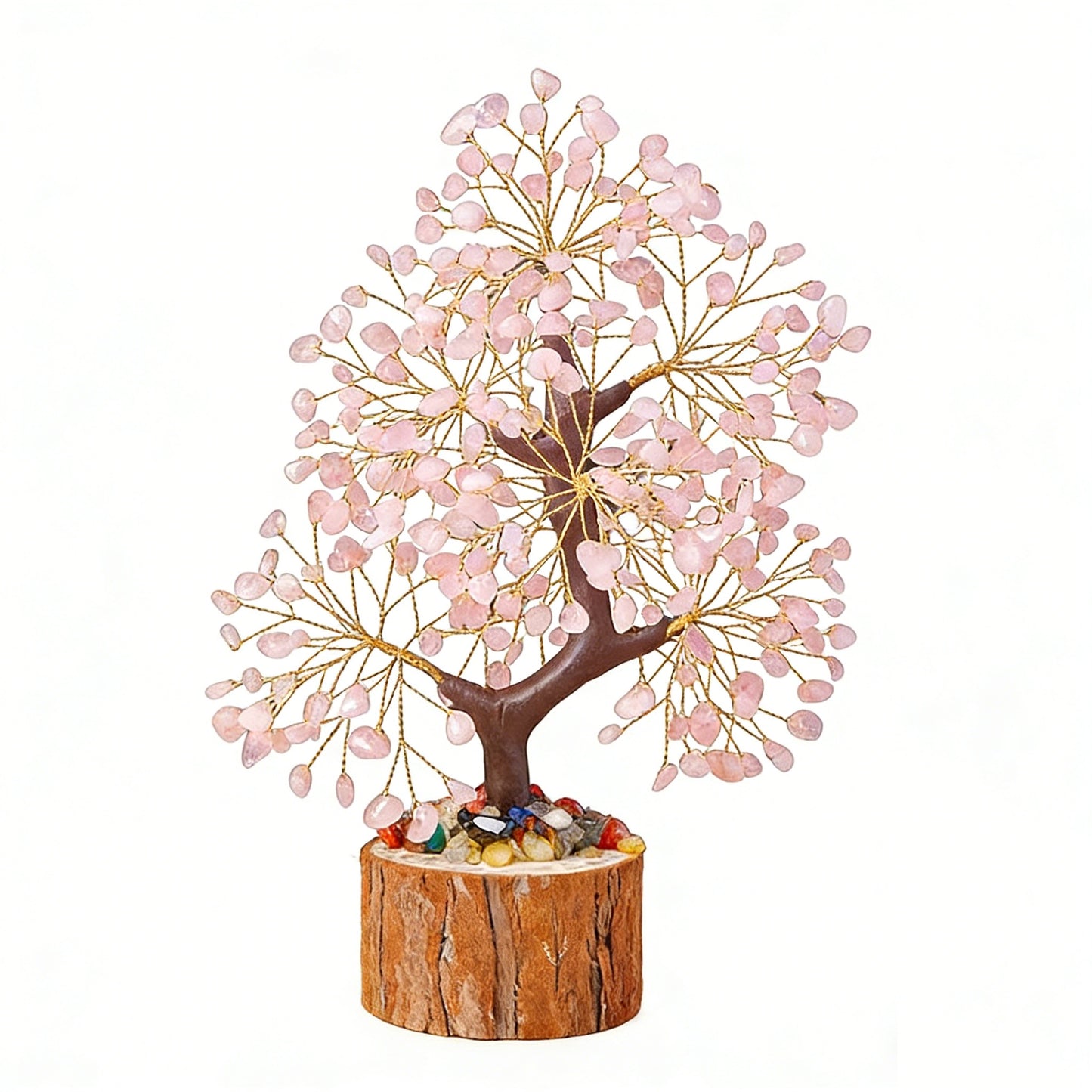 Natural rose quartz crystal tree with wood stump base, feng shui decoration