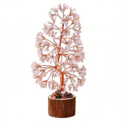 Natural rose quartz crystal tree with wood stump base, feng shui decoration