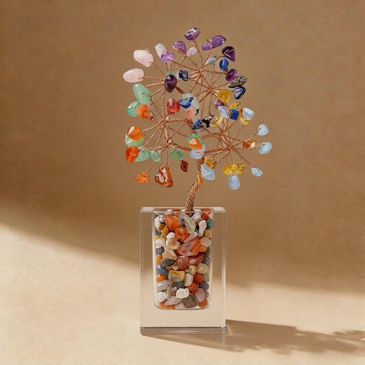 Natural seven chakra crystal tree clear glass base, feng shui decoration