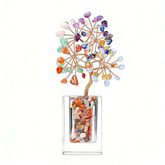 Natural seven chakra crystal tree clear glass base, feng shui decoration