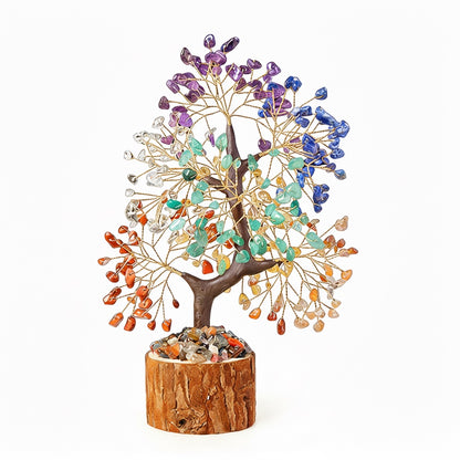 Natural seven chakra crystal tree with wood stump base, feng shui decoration