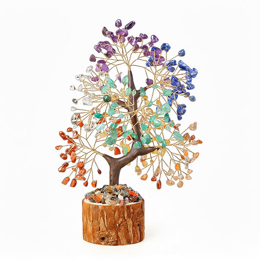 Natural seven chakra crystal tree with wood stump base, feng shui decoration