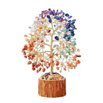 Natural seven chakra crystal tree with wood stump base, feng shui decoration