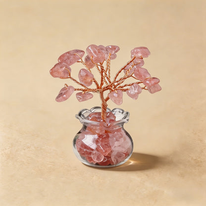Natural strawberry quartz crystal tree mini treasure bowl, feng shui decoration