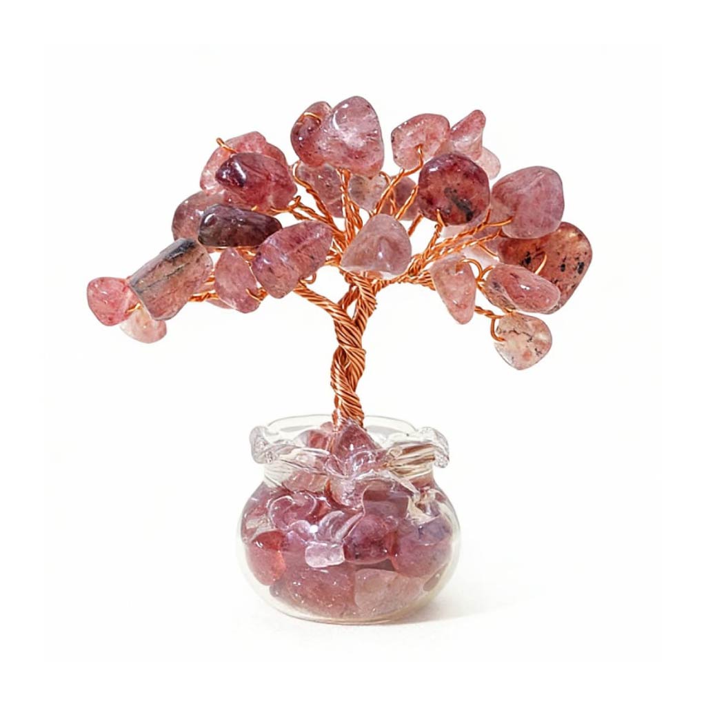 Natural strawberry quartz crystal tree mini treasure bowl, feng shui decoration