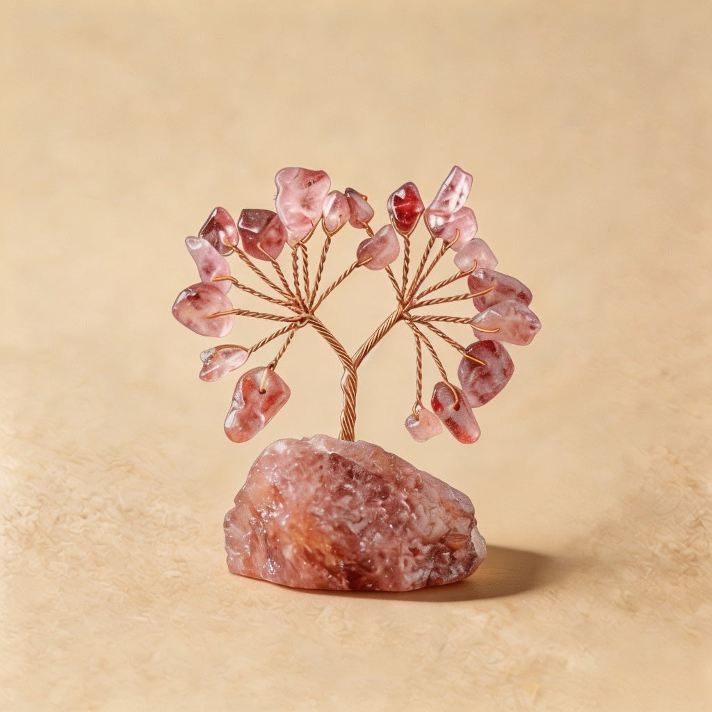 Natural strawberry quartz crystal tree mini raw stone base, feng shui decoration
