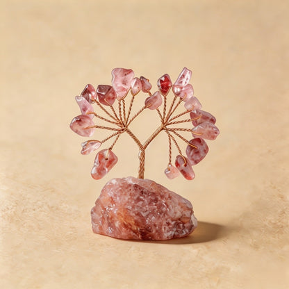 Natural strawberry quartz crystal tree mini raw stone base, feng shui decoration