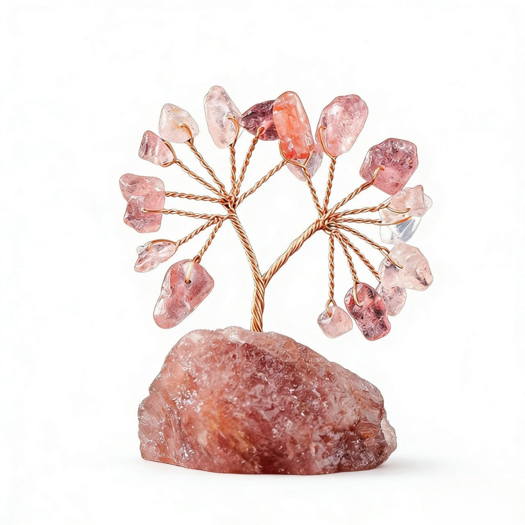 Natural strawberry quartz crystal tree mini raw stone base, feng shui decoration
