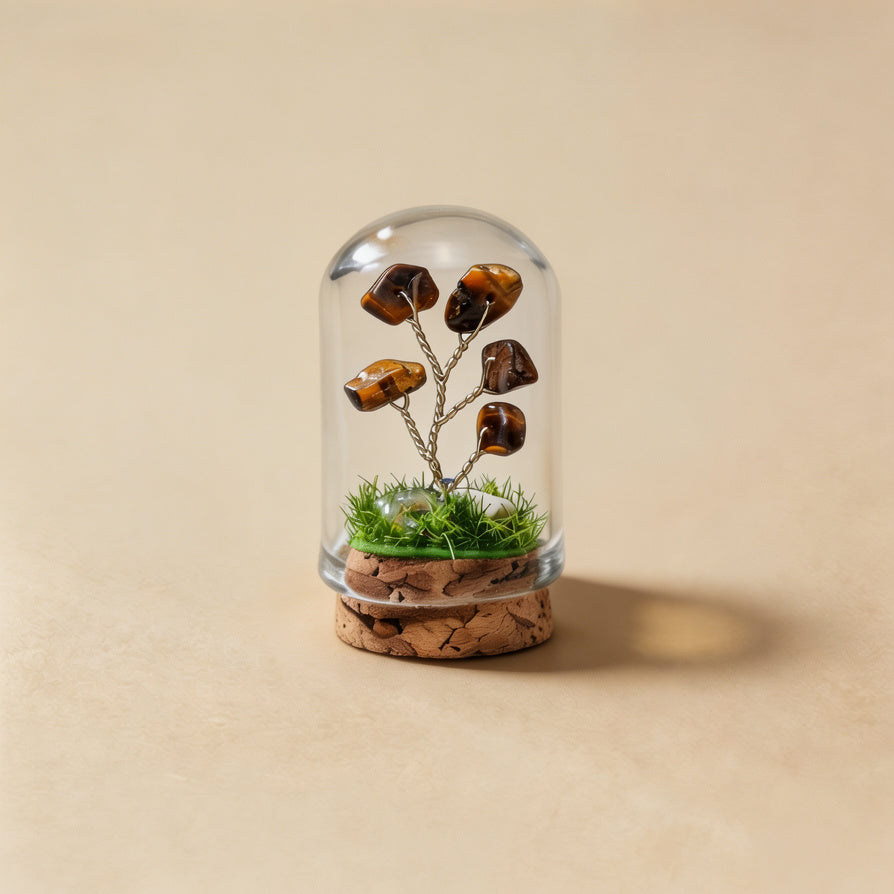 Natural tiger eye crystal tree mini terrarium, feng shui decoration