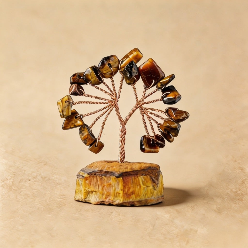 Natural tiger's eye crystal tree mini raw stone base, feng shui decoration