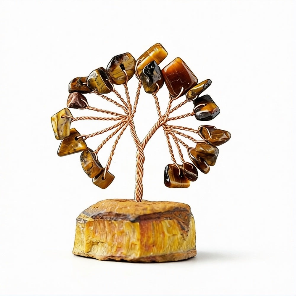 Natural tiger's eye crystal tree mini raw stone base, feng shui decoration